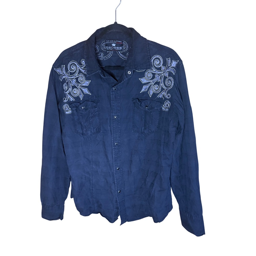 Pop Icon Clothing Buckle Mens Black Embroidered Western Snap Front Shirt Large